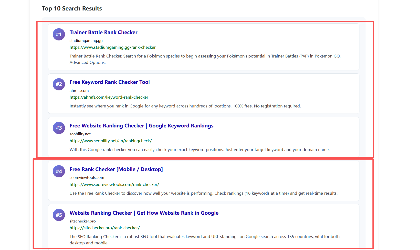 Sample Rank Checker Results